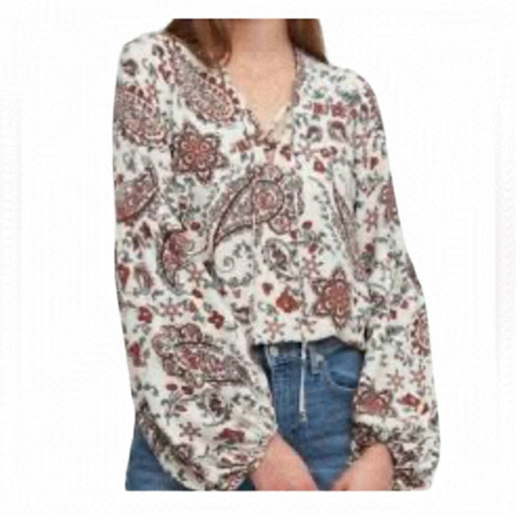 BANANA Republic Boho Paisley Balloon Long Sleeve Lace Up Top Small NWT - Picture 1 of 11